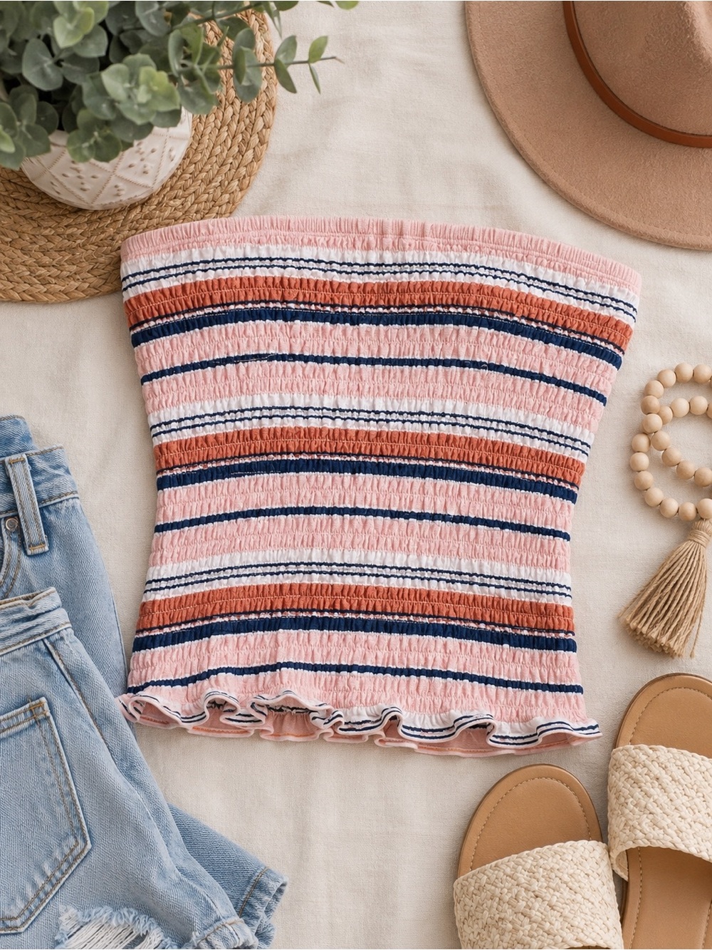 Buckle Pink Striped Smocked Tube Top